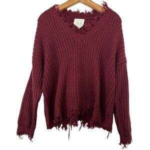 Fantastic Fawn Womens Sweater Sz M Maroon V-Neck Distressed Grunge Cable Knit